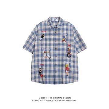 MOISHE TIDE美式復古人物格子短袖襯衫男女夏季寬松百搭情侶襯衣