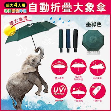 生活良品-日系極簡4人用雙層風力散熱自動摺疊開收大象傘(贈同色傘套)