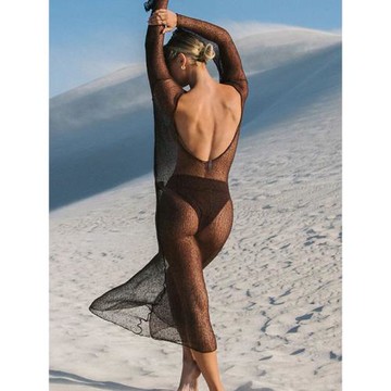 歐美風女裝新款2025夏季透視性感度假罩衫大露背純色長袖針織長裙