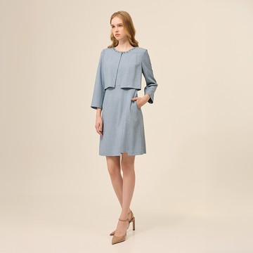 ILEY伊蕾 假兩件花朵珠鑽縲縈花紗洋裝(藍；M-XL)