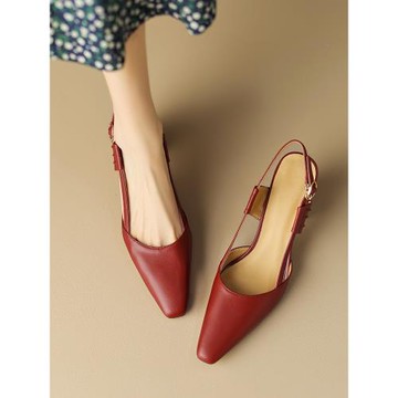 后語 法式高跟鞋女紅色婚鞋尖頭后空單鞋新款真皮7CM粗跟包頭涼鞋