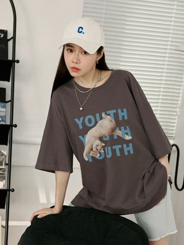 純棉頑皮小貓印花寬鬆短袖上衣