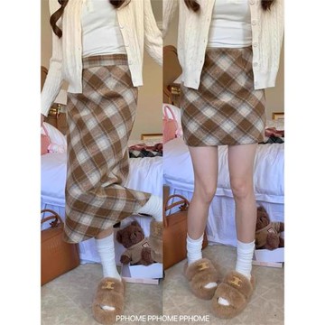 PPHOME自制~格紋毛呢裙 秋冬復古格子高腰包臀短裙A字半身長裙女