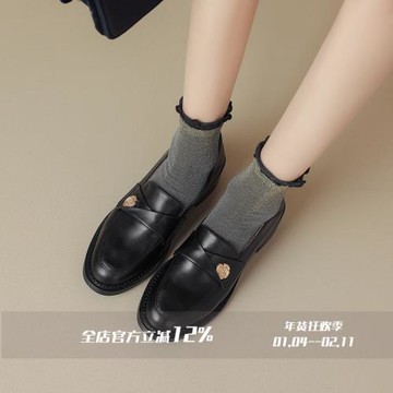 FairyWink 學院girl～！復古英倫金幣樂福鞋女圓頭小皮鞋粗跟單鞋