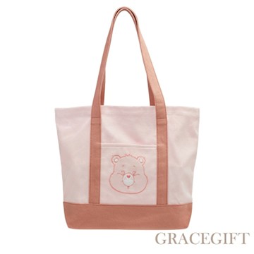 【Grace Gift】CareBears-樂觀小熊撞色口袋肩背帆布旅行袋 粉