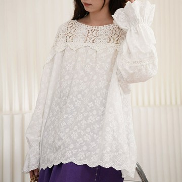 日系蕾絲鏤空圓領上衣252213