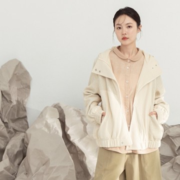 【MOSS CLUB】錯位門襟拼接連帽針織棉外套 黑 米 咖(魅力商品)