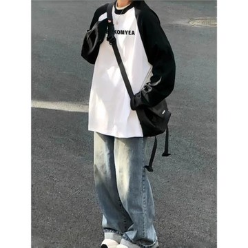 美式復古插肩長袖純棉T恤女大童2025春秋季初中學生高中寬松上衣