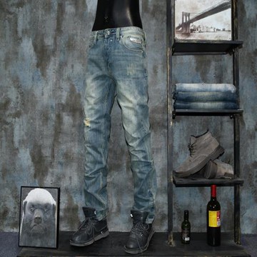 男士歐美新款潮牌寬松直筒純棉牛仔褲復古水洗貓須懷舊破洞長褲子