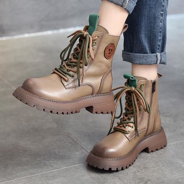 81雙鞋帶英倫風馬丁靴真皮機車靴圓頭厚底百搭單靴女2024秋冬新款