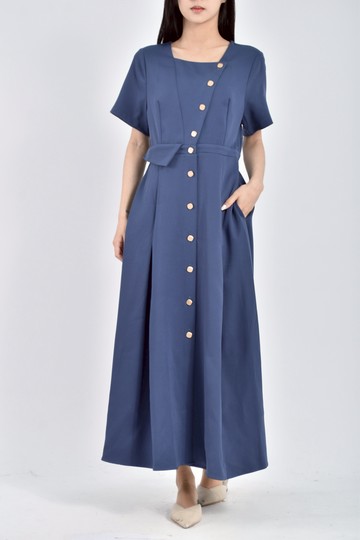 (S) viva king質感棉質排扣短袖藍色洋裝