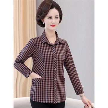 2025時尚媽媽純棉襯衫中老年女裝春秋長袖格子全棉襯衣夏薄款上衣