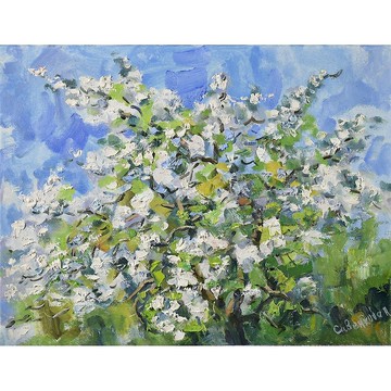 盛開的蘋果樹畫春天風景原創藝術