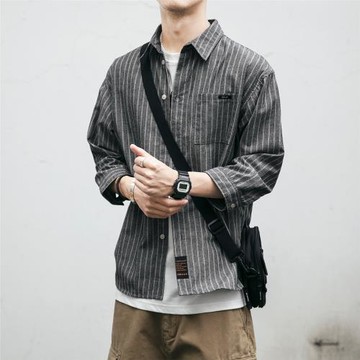 xb新款條紋七分袖襯衫男韓版潮流寬松短袖襯衣情侶休閑百搭外套