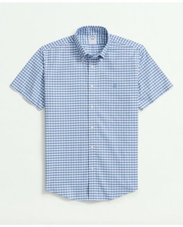 Brooks Brothers Men's Stretch Cotton Non-Iron Oxford Polo Button Down Collar, Gingham Short-Sleeve Shirt | Blue | Size Medium