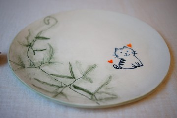 手作粉引  萌喵 大瓷盤  Ø20cm 圓皿 餐盤  盤子