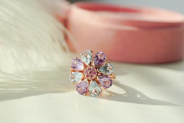 紫水晶與黃水晶鬱金香戒指，925純銀，玫瑰金鍍層