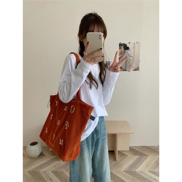 原創設計秋冬日韓燈芯絨字母刺繡通勤學生單肩托特文藝休閑包袋女
