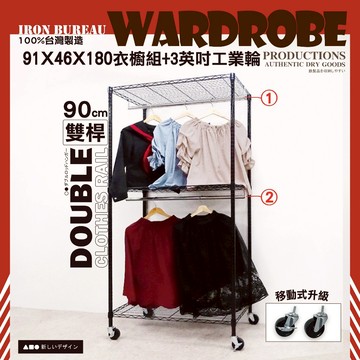 【鐵物局】100%MIT熱銷超值 銀黑91x46x180 雙桿開放式衣櫥工業輪組★一英吋管★衣櫥/層架/鐵架/鐵力士架