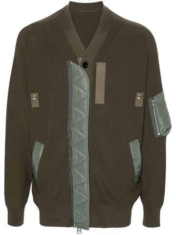 sacai - V-neck ribbed cardigan - men - Polyester/Cotton/Nylon/Polyester - 3 - Green