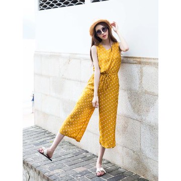 黃色連體褲女夏高腰波點海邊度假套裝波西米亞裙褲泰國無袖連衣褲