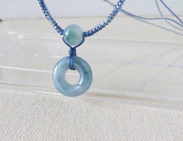 本命年【歲歲平安】冰藍飄花平安扣翡翠絲光編織項鍊*SA03*招財