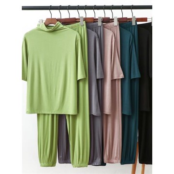 莫代爾質感半袖睡衣套裝修身闊腿褲子半高領中袖T恤+宅宅褲套裝薄
