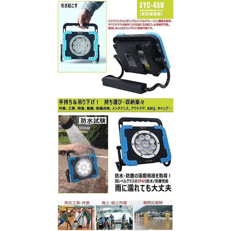 GOODGOODS Lights LED ライト 照明 充電式 45W 4500LM スマホ充電 作業 強力マグネット付き 防水 スライドハンドル 夜 