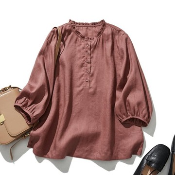 簡約大人風可愛感 100 亞麻荷葉領上衣 略帶灰調的紅色 240323-3