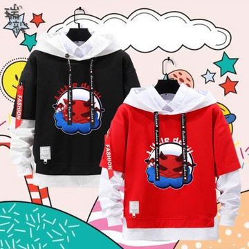 小惡魔表情包可愛卡通動漫假兩件連帽衛衣男女兒童裝學生外套帽衫