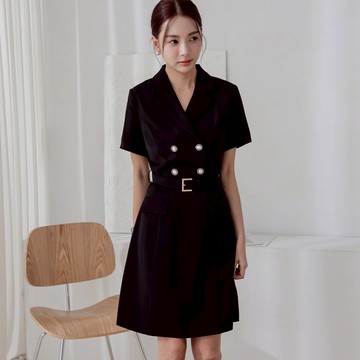 niceioi 法式職感雙排釦收腰翻領洋裝 (附皮帶)
