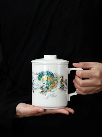 泡茶杯茶水分離馬克陶瓷杯 羊脂玉白瓷辦公杯茶水分離陶瓷會議水杯客製化定制刻字大容量馬克杯帶蓋