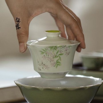 無落景德鎮釉下彩精工手繪蓋碗手工陶瓷泡茶碗單個茶杯功夫茶具