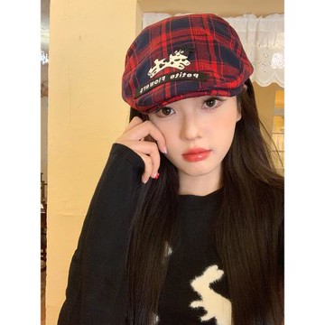韓系紅色格子小狗前進帽女春秋季百搭小眾貝雷帽大頭圍顯臉小帽子