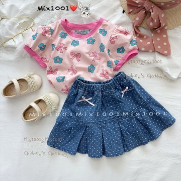 🌈✨mix1001 粉紅蝴蝶結緞帶圓點牛仔短裙✨兒童滿版小點百褶造型短褲5-17