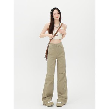 卡其色工裝褲女春秋季新款高腰寬松顯瘦闊腿降落傘褲美式休閑褲子