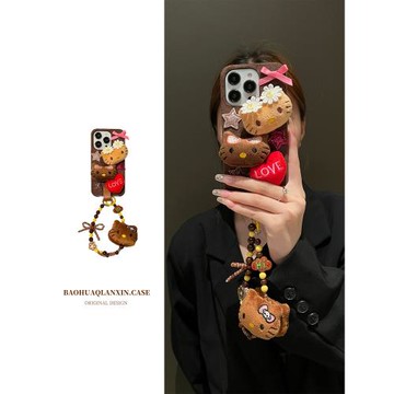 秋冬復古棕可愛美黑貓咪適用蘋果16promax手機殼iphone17pro斜挎15pro趣味14毛絨卡通17promax絨布13新款手鏈