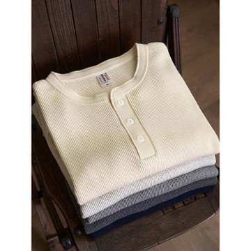 美式復古亨利領320G重磅長袖t恤男純棉 秋季咔嘰華夫格純色打底衫