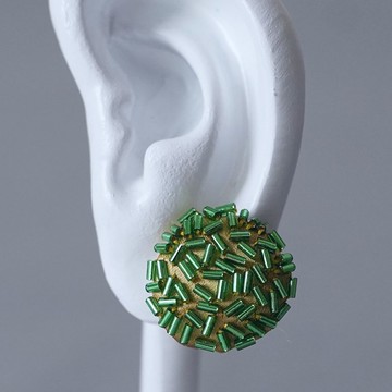 耳夾 散落 2 圓形 竹珠 綠色 黃色 無鎳耳夾 大尺寸 獨一無二 珠飾