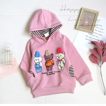 厚款 童趣三隻毛帽小熊連帽刷毛上衣 秋冬童裝 女童上衣 女童長袖 女童棉T 長袖上衣 秋冬上衣