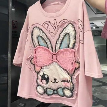 圓領顯瘦上衣 T恤 上衣 短袖 大碼重工貼布印花短袖T恤女夏季新款寬鬆顯瘦遮肉百搭上衣女 韓國服飾 多巴胺衣服 夏日女裝