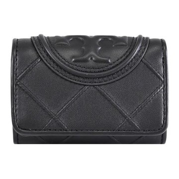 TORY BURCH 156558 立體LOGO菱格車線皮革三折小短夾.黑