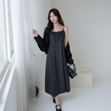 前綁結小碎花後鬆緊側拉鍊細肩長洋裝 SA2560113【現貨】