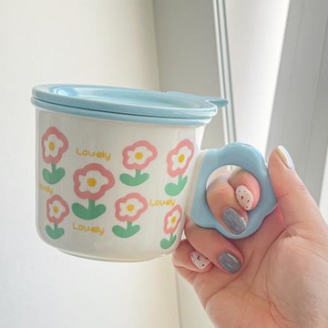 Endless stars韓式ins風陶瓷馬克杯花朵把手小清新陶瓷杯帶蓋子女