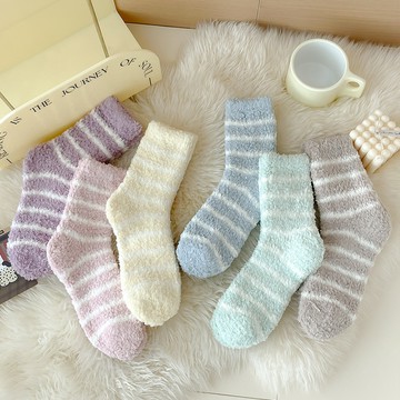 新品 秋冬款 透氣 不悶腳 秋冬 新款 條紋 襪子 女士 加厚 不掉毛 珊瑚絨 襪子 保暖襪 休閒 睡眠襪