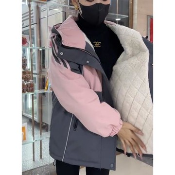 沖鋒衣連帽拼色加絨加厚外套女2025冬季新款韓版休閑保暖派克服潮