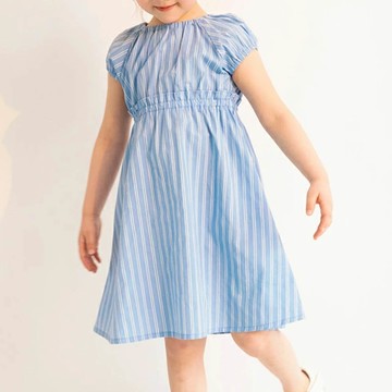 日本 BRANSHES - 100%棉 後背蝴蝶結短袖洋裝-條紋-水藍