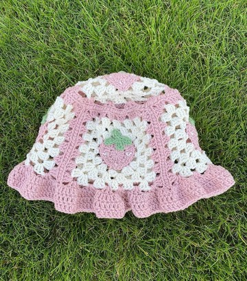 鉤針夏日帽，純棉草莓帽，鉤針奶奶方塊帽