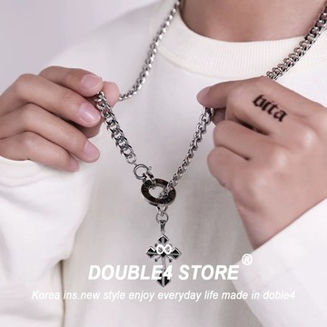 【DOUBLE4】韓國 黑銀圈十字古巴項鍊 韓系 手鍊男 蹦迪 穿搭 男項鍊 手鍊 鋼項鍊 男女 鋼手鍊 鈦鋼【C85】