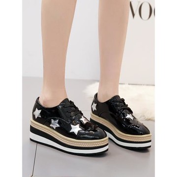 松糕鞋女厚底2025新款英倫風秋季條紋底系帶單鞋星星鞋顯瘦小皮鞋